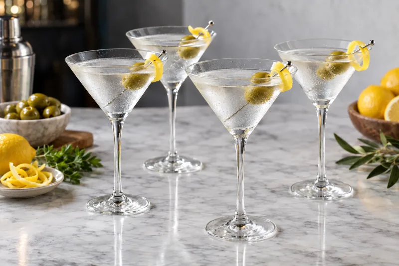Vier Martinis in gekühlten Gläsern mit Oliven und Zitronenzeste