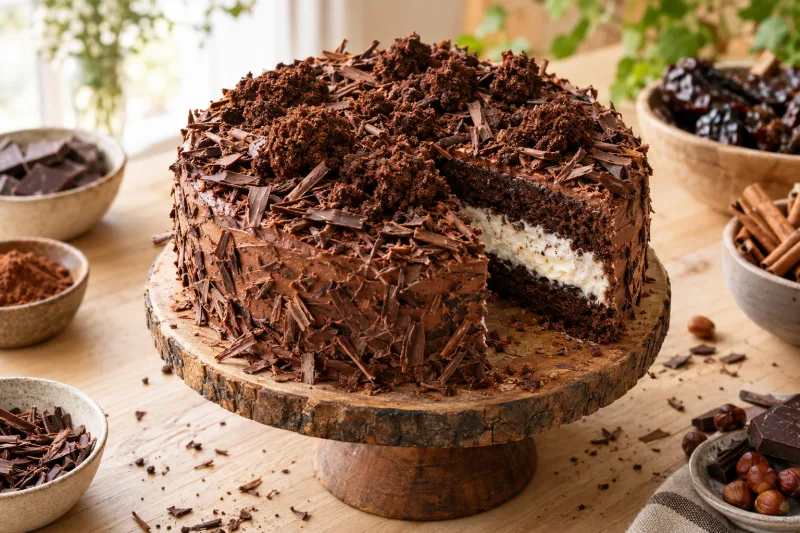 Veganer Maulwurfkuchen mit Schokostreuseln und cremiger Füllung auf einer Kuchenplatte