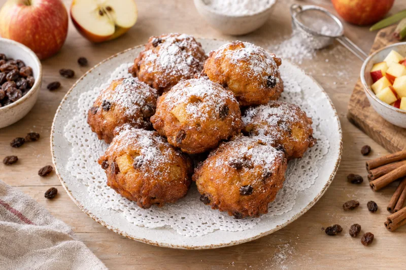 Goldbraune vegane Oliebollen mit Puderzucker auf einem Teller