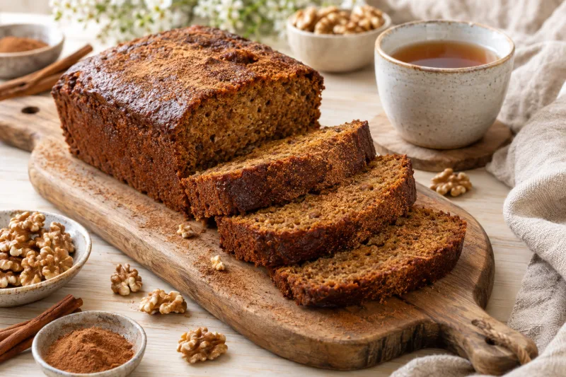 Scheiben veganer Ontbijtkoek auf einem Holzbrett, würzig-süß, mit Zimt bestäubt