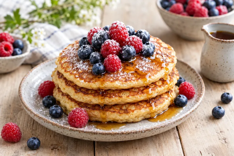 Stapel goldbrauner veganer Pannekoeken mit frischen Beeren und Ahornsirup auf einem Teller