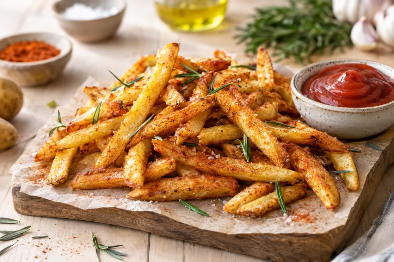 Goldgelbe, knusprige vegane Pommes auf einem Backblech mit Papier, mit Kräutern bestreut.