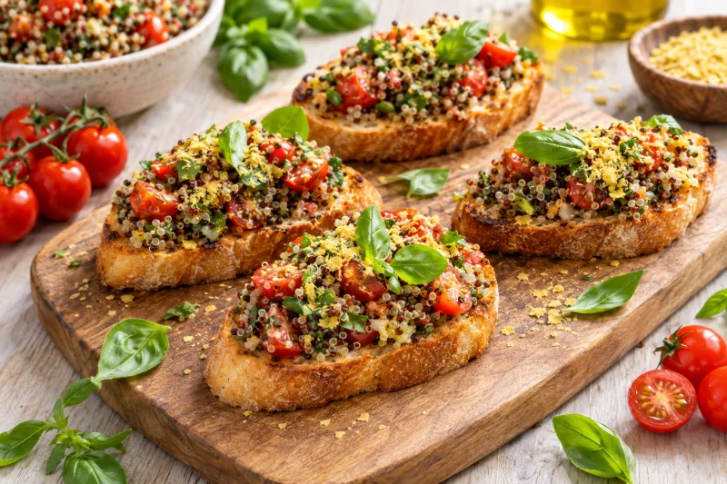 Veganes Bruschetta-Quinoa mit Tomaten und Basilikum auf geröstetem Baguette