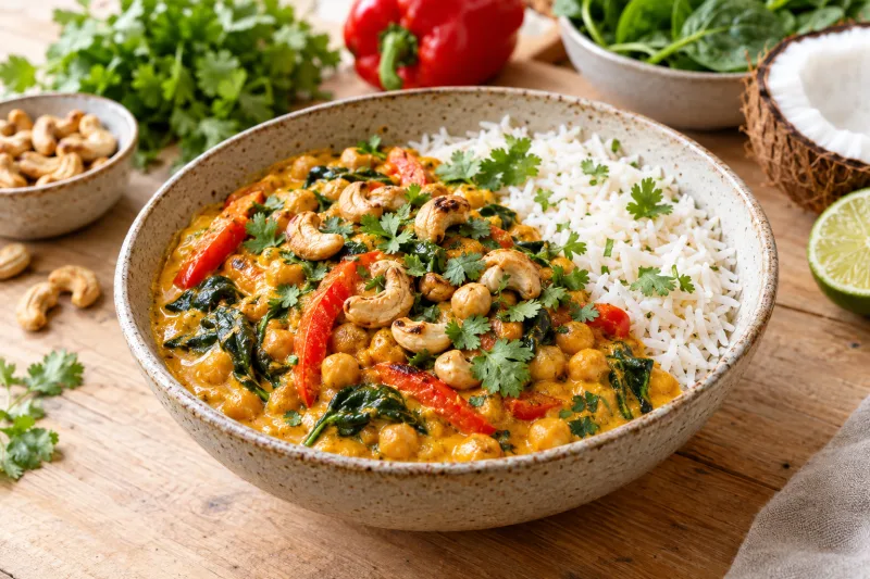 Veganes Cashew-Curry mit Kokosmilch, Spinat und gerösteten Cashewkernen in einer Schale