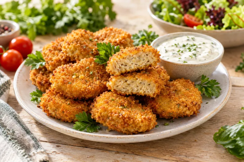 Knusprige vegane Chicken Nuggets auf einem Teller mit Dip und frischer Petersilie
