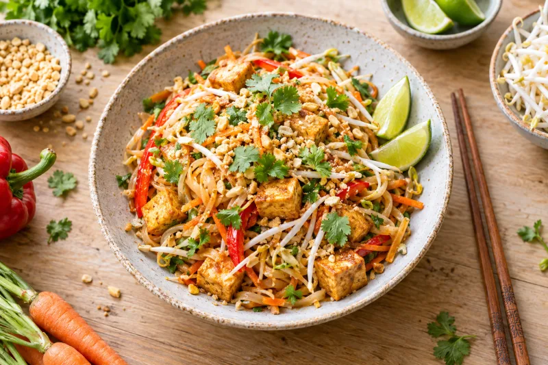 Veganes Pad Thai mit Tofu, Erdnüssen und Limette auf einem Teller