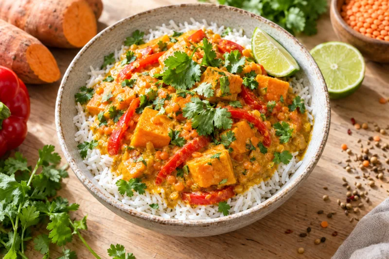 Cremiges veganes Süßkartoffel-Kokos-Curry mit roten Linsen, Paprika und frischem Koriander in einer Schale