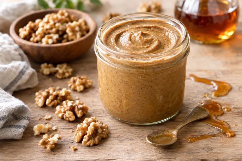 Cremige vegane Walnussbutter in einem Glas mit Walnüssen und Löffel