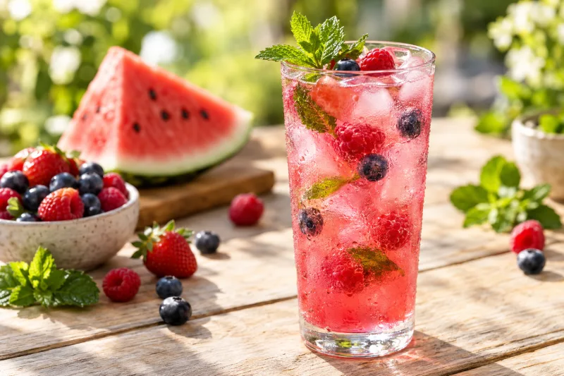 Glas mit Wassermelonen-Beeren-Eistee, garniert mit Minze und Beeren