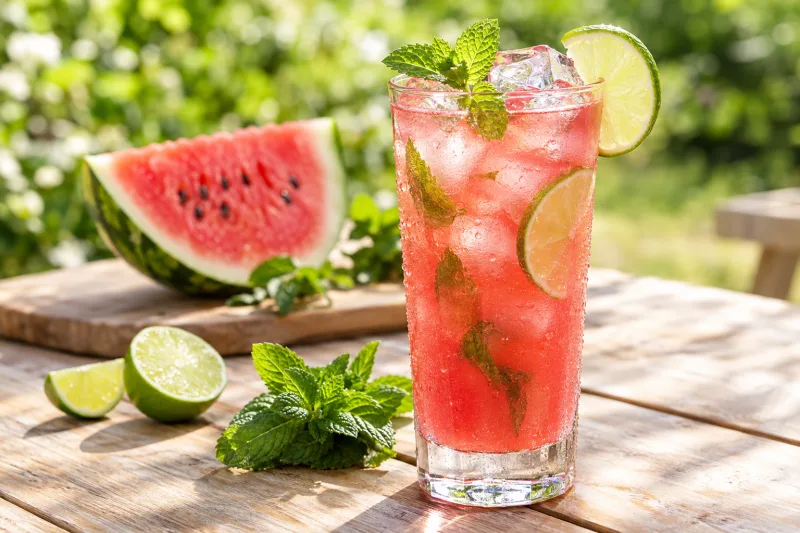 Glas mit Wassermelonen-Minze Eistee, garniert mit Minzblättern und Limettenscheiben