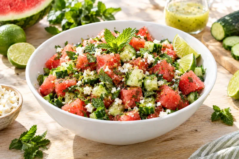 Veganer Wassermelonen-Minze-Salat mit Gurkenwürfeln und Limettenscheiben in einer weißen Schüssel