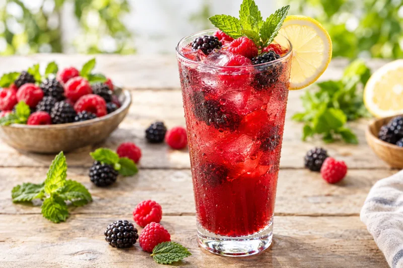 Glas mit rotem Wildberry-Lillet-Cocktail, Eiswürfeln, Beeren und Minze garniert