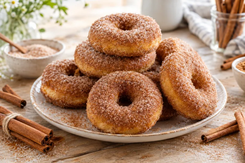 Goldbraune vegane Zimt-Zucker-Donuts auf einem Teller, bestäubt mit Zimt und Zucker.