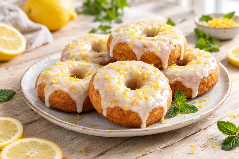 Goldbraune vegane Zitronenquark-Donuts mit weißer Zitronenglasur auf einem Teller