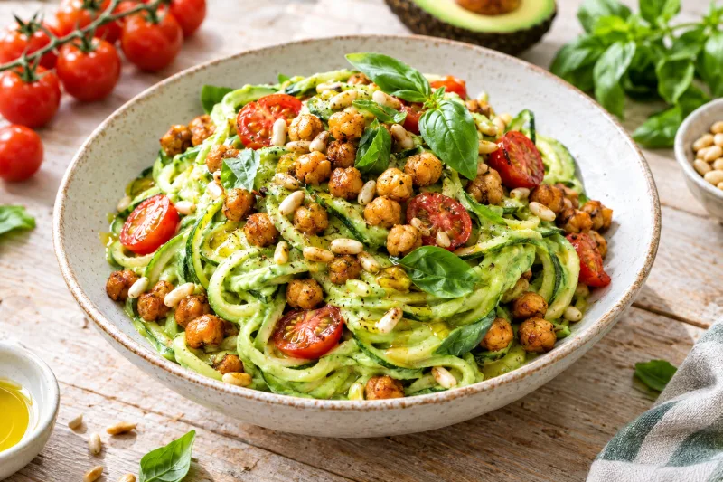 Vegane Zucchini-Nudeln mit Avocado-Sauce, Kirschtomaten und Kichererbsen auf einem Teller