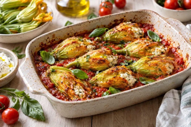 Gefüllte Zucchiniblüten mit Cashew-Ricotta auf Tomatensauce in einer Auflaufform