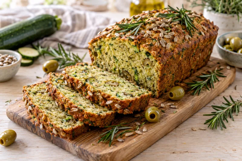 Veganes Zucchinibrot mit Oliven und Rosmarin auf einem Holzbrett, angeschnitten
