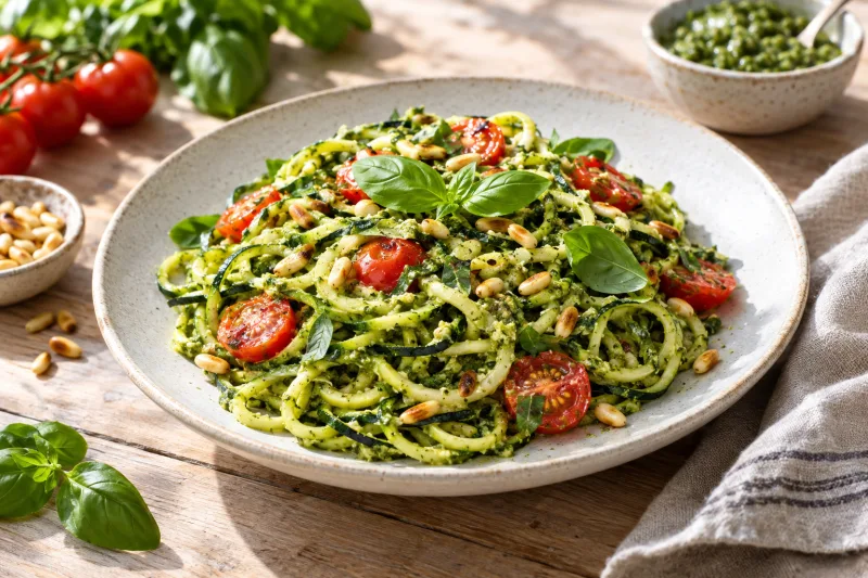 Vegane Zucchininudeln mit grünem Pesto und Kirschtomaten auf einem hellen Teller