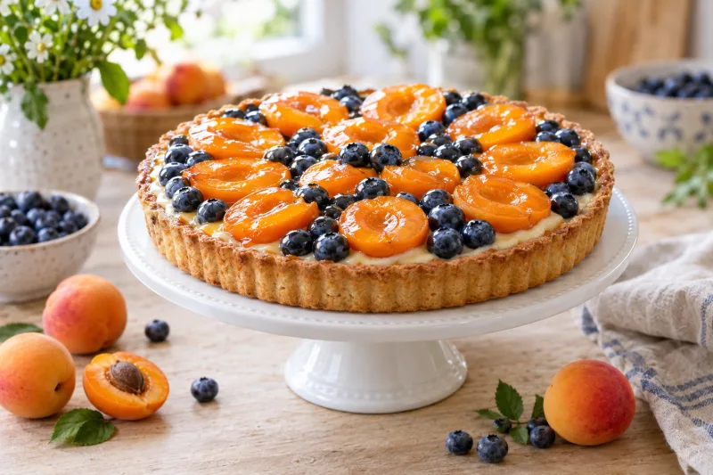 Vegane Aprikosen-Blaubeer-Tarte mit goldbraunem Rand auf einem Kuchenteller