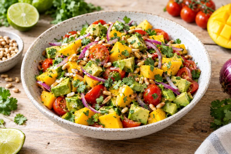 Frischer veganer Avocado-Mango-Salat in einer Schüssel mit Tomaten und Pinienkernen