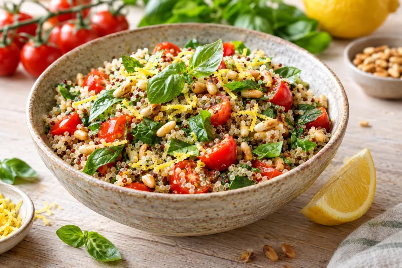 Basilikum-Zitronen-Quinoa in einer Schüssel mit Tomaten und Pinienkernen