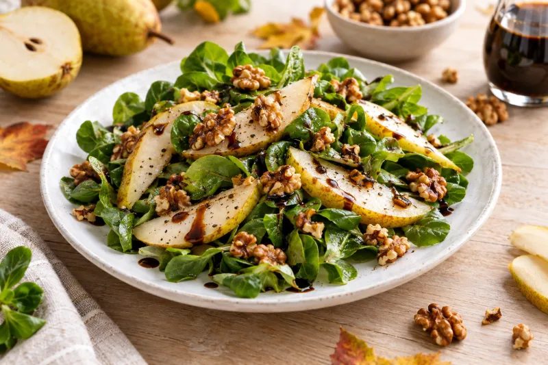 Veganer Birnen-Walnuss-Salat mit Feldsalat und Balsamico-Dressing auf einer hellen Platte