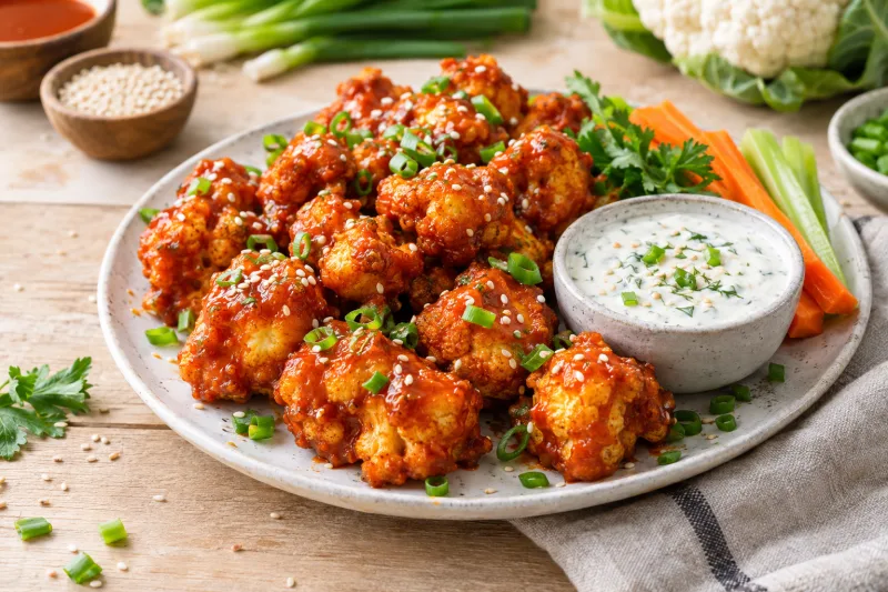 Knusprige vegane Blumenkohl-Buffalo-Wings mit roter Sauce auf einem Teller