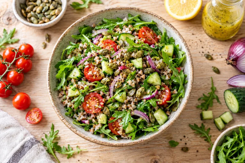 Buchweizen-Salat mit Rucola, Tomaten und Kürbiskernen in einer Schüssel