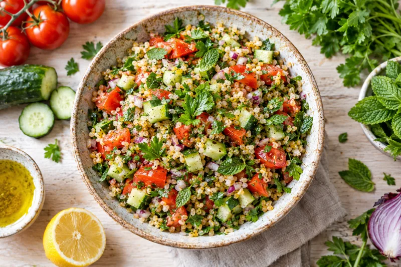 Frischer Bulgur-Salat mit Tomaten, Gurken und Kräutern in einer Schüssel