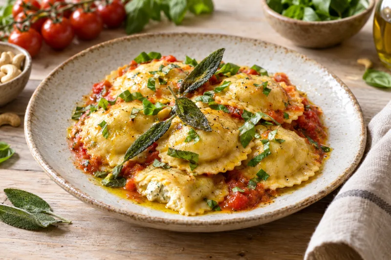 Vegane Cashew-Ricotta-Ravioli auf einem Teller mit Salbeiblättern und Tomatensauce