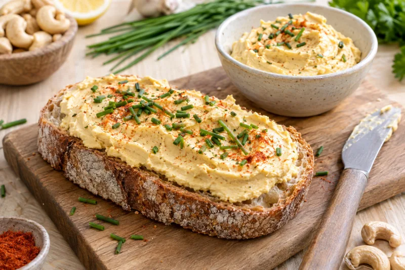 Veganer Cashewkäse als cremiger Aufstrich auf geröstetem Brot mit frischen Kräutern