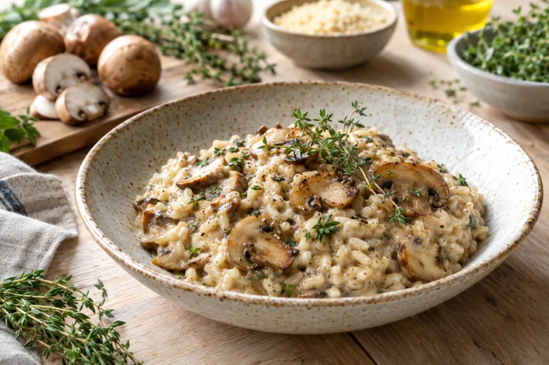 Cremiges veganes Champignon-Risotto mit frischen Kräutern auf einem Teller