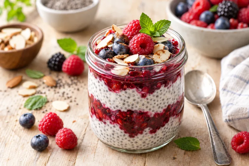 Veganer Chia-Samen-Pudding mit frischen Beeren und Mandeln in einem Glas