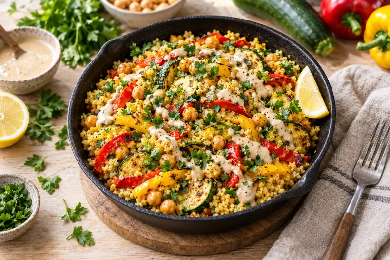 Vegane Couscous-Gemüse-Pfanne mit Tahini-Sauce, buntem Gemüse und Petersilie in einer Pfanne