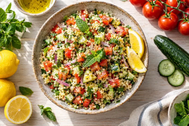 Veganer Couscous-Tomaten-Salat mit frischer Minze in einer Schüssel