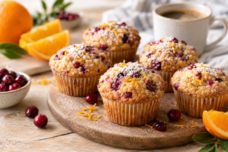 Goldbraune vegane Cranberry-Orangen-Muffins auf einem Kuchengitter