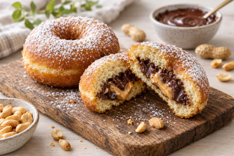 Zwei goldbraune vegane Donuts mit Puderzucker bestäubt, einer angeschnitten mit Schoko-Erdnussbutter-Füllung.