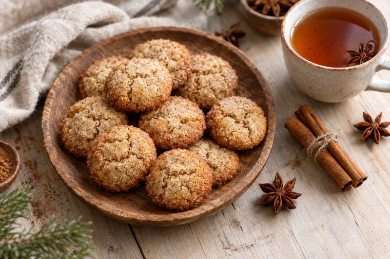 Vegane Gewürzplätzchen mit Zuckerkruste auf einem Holzteller neben einer Tasse Tee
