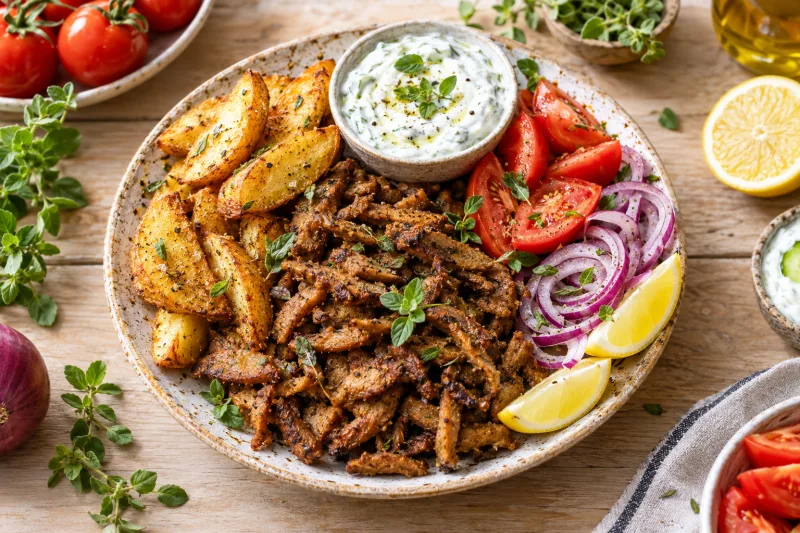 Veganer Gyrosteller mit Pommes, Sojastreifen, Tomaten, roten Zwiebeln und Tzatziki auf einem Teller