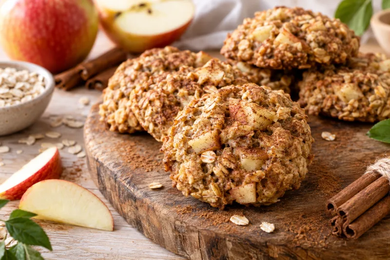 Vegane Haferflocken-Apfel-Cookies auf einem Holzbrett, mit Apfelstücken und Zimt