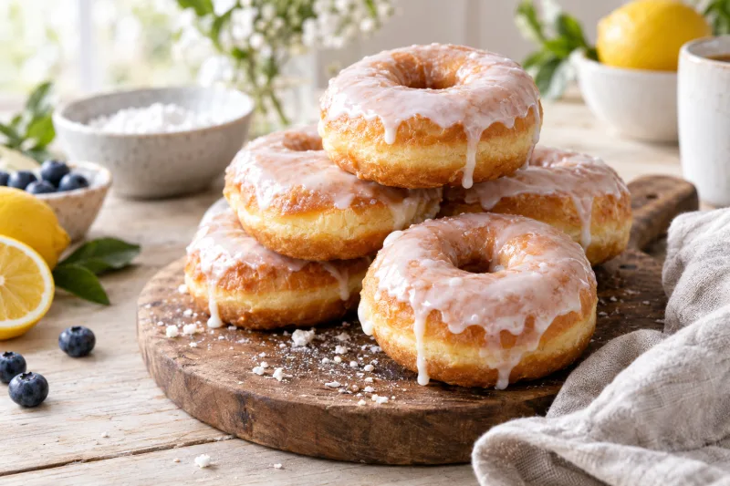 Vegane Donuts mit glänzender Zucker-Glasur auf einem Holzteller, goldbraun und fluffig