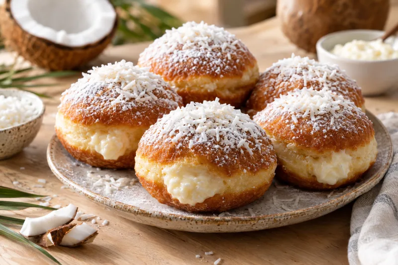 Vegane Kokosnuss-Crème-Donuts mit Puderzucker bestäubt auf einem Teller