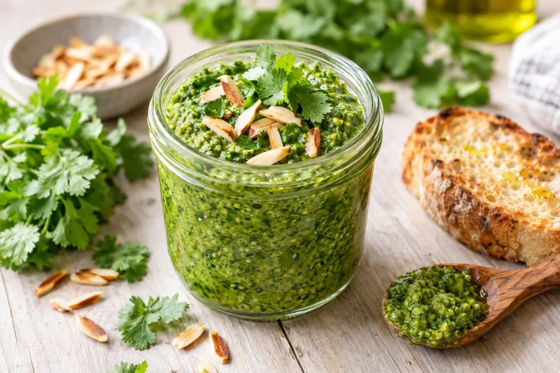Veganes Koriander-Pesto in einem Glas mit frischem Koriander und Mandeln