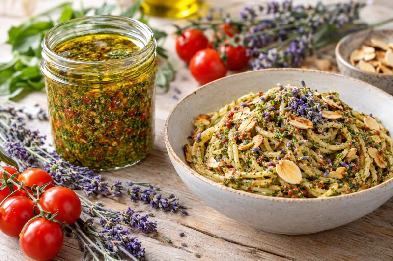 Veganes Lavendel-Pesto in einem Glas mit frischer Pasta und Lavendelblüten garniert