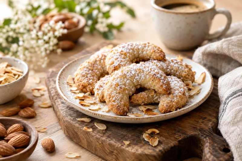 Vegane Mandelhörnchen mit Puderzucker bestäubt auf einem dunklen Teller