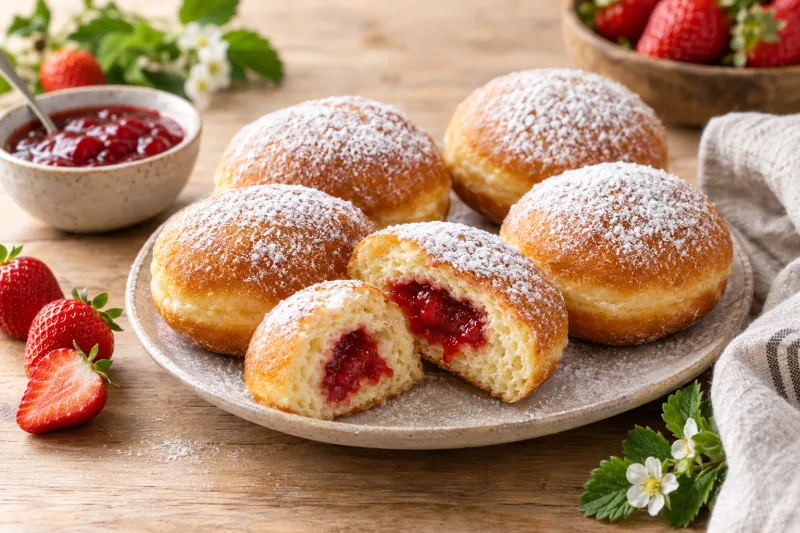 Vegane Donuts mit Puderzucker bestäubt und Marmeladenfüllung auf einem Teller