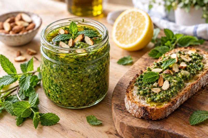 Veganes Minze-Pesto in einem Glas, mit frischen Minzblättern und gerösteten Mandeln garniert