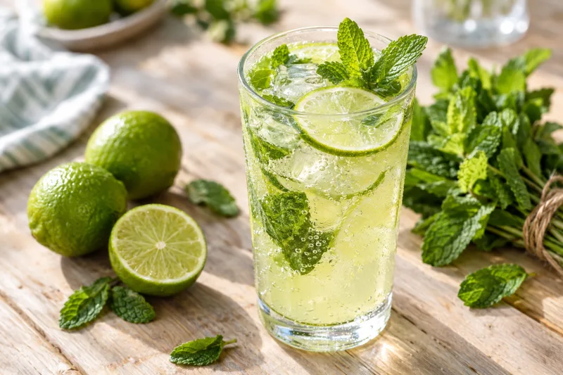 Vegane Minzlimonade in einem Glas mit Eiswürfeln, Limettenscheiben und frischer Minze