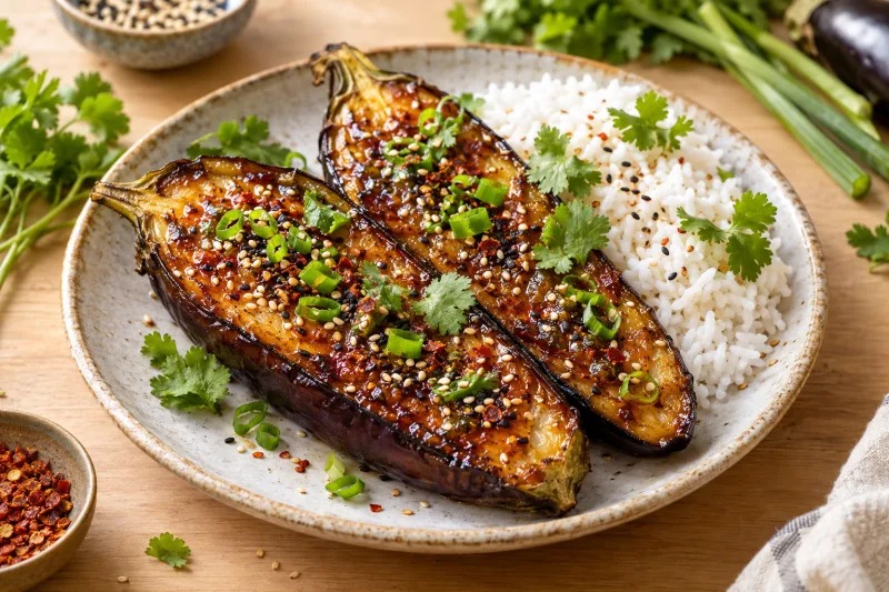 Gebackene Miso-Auberginen mit Sesam und Frühlingszwiebeln auf einem Teller