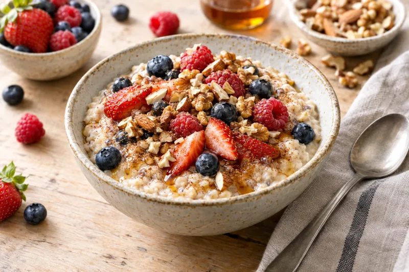 Veganes Oatmeal mit Beeren und Nüssen in einer Schüssel